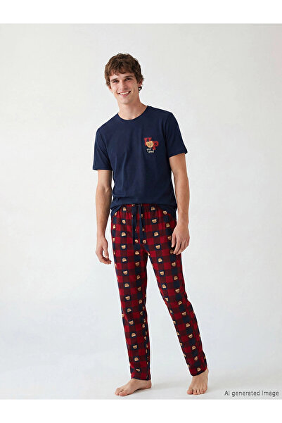 LC Waikiki Σετ ανδρικής πιτζάμα Navy Blue Standard Fit Bear Teddy με τύπωμα