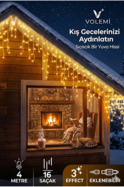 VOLEMİ 4 Metre Sarı Sarkıt Led Işık - 16 Saçak, Eklenebilir, 3 Efektli Fişli Balkon ve Perde Süsü