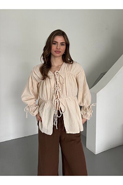 My Blog Natural 100% Cotton Elastic Sleeves Muslin Shirt - 5259
