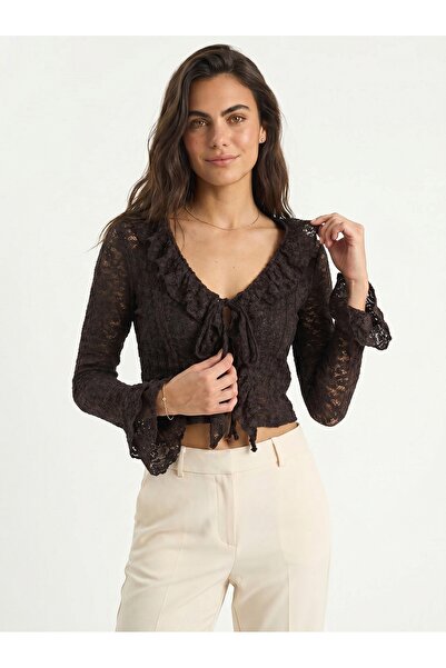 ONLOOX Brown Transparent Lace V-Neck Crop Top with Tie Front and Ruffle Detai...