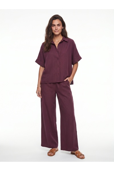 ONLOOX Plum Fluid Fabric Short Sleeve Oversize Buttoned Wide Leg Pants Set wi...