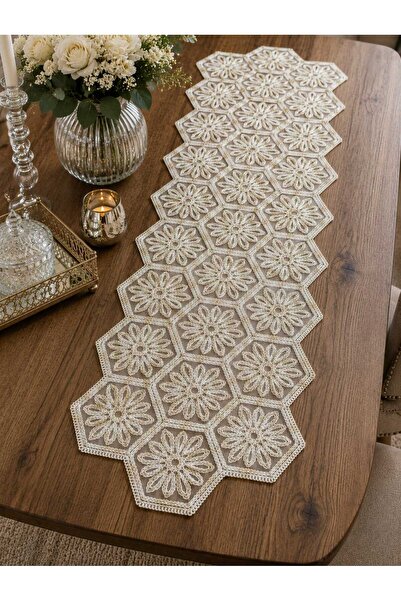 Lena Maison Altın Simli Dantel Runner/Masa-Konsol Örtüsü 35x105 cm
