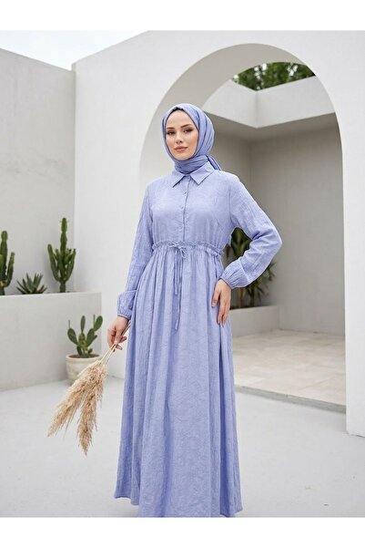 Naknaku Waist Ruffle Detail Half-Patch Dress-Blue