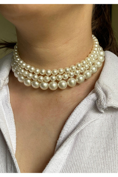 BİJUTERİ EVİ Kadın 3’lü İnci Choker Kolye Seti – Ayrı Kullanılabilen Çok Katl...