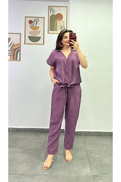 bydenizcollection Shirt with Collar and Tie-Up Detail on the Front, Pants wit...
