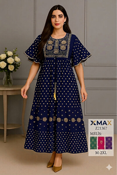 XMAX Women's Long Embroidered Oriental Patterned Jalabiya - Half Sleeve