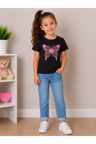 ModaPlaza Girl's Butterfly Bead Embroidered Combed Cotton T-Shirt 10226