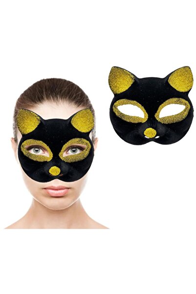 naque Black Color Gold Glitter Suede Coated Cat Mask 18x14 cm