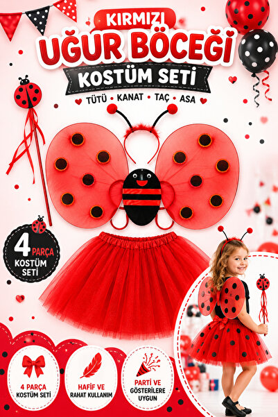 Tamsena Store Kırmızı Uğur Böceği Çocuk Kostüm Seti Tütü Etek Kanat Taç Asa P...