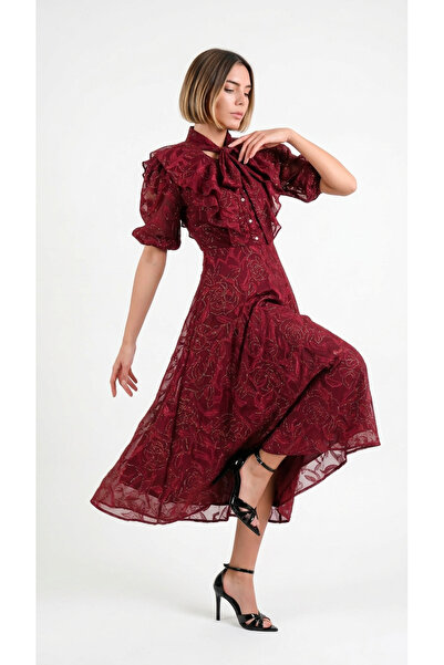 Caddebostan Moda Elegant Embroidered Midi Dress with Bow Detail