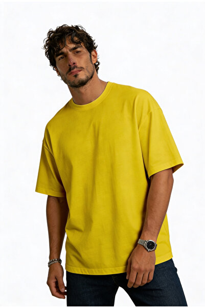 Club Space Astro Erkek Sarı Oversize Tişört Pamuklu Sokak Stili Günlük T-Shirt