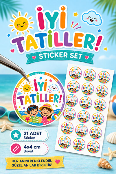 Sticker Ekspres 21 Adet İyi Tatiller Etiketi Yaz Okul Tatili Hediye Paketleme...