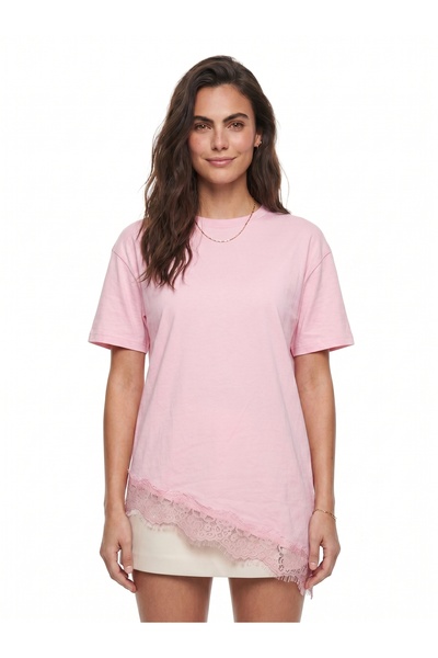 ONLOOX Pink Soft Fabric Short Sleeve Comfortable Fit Asymmetrical Cut Lace De...
