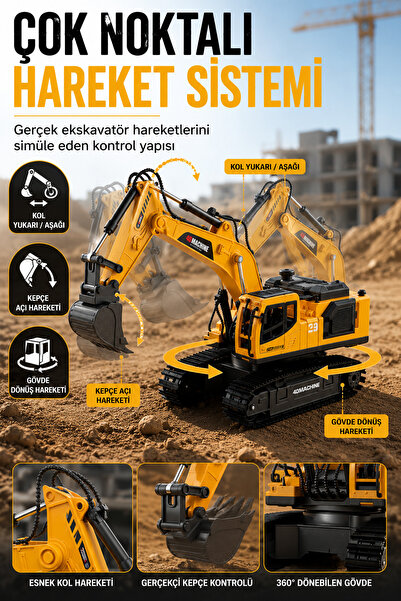 SCOWETTO Buharlı Işıklı Sesli Metal Alaşım Excavator Uzaktan Kumandalı RC İş ...