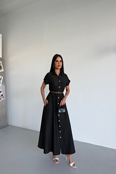 KAMACI BUTİK Thin Belted Striped Shirt Dress