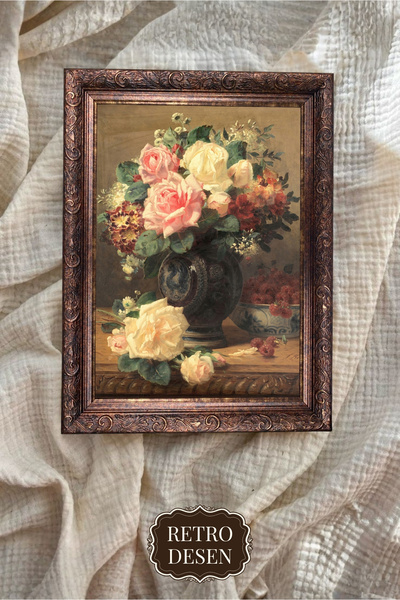 Retro Vintage Çerçeveli Çiçek Tablosu, Dekoratif Tablo, Sanatsal Baskı, Duvar...