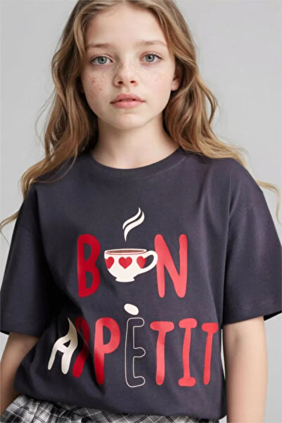DeFacto 100% Cotton Oversized Crew Neck Printed Short Sleeve Anthracite T-Shi...