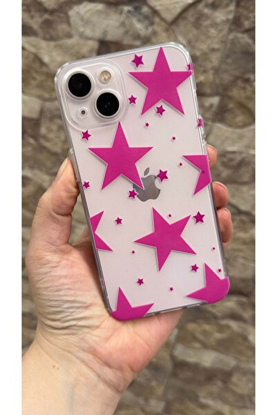 Vip Case iPhone 13 Uyumlu Pembe Renkli Yıldız Desenli Şeffaf Darbe Emici Kame...