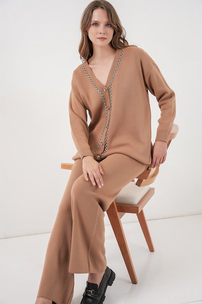 Merterium Women's Cardigan Pants Knitwear Double Set - Camel 1399