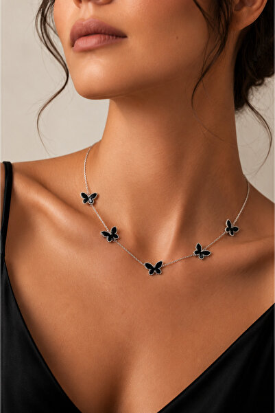 İyyaKee Women's Stainless Steel Butterfly Necklace with Black Stone Elegant S...