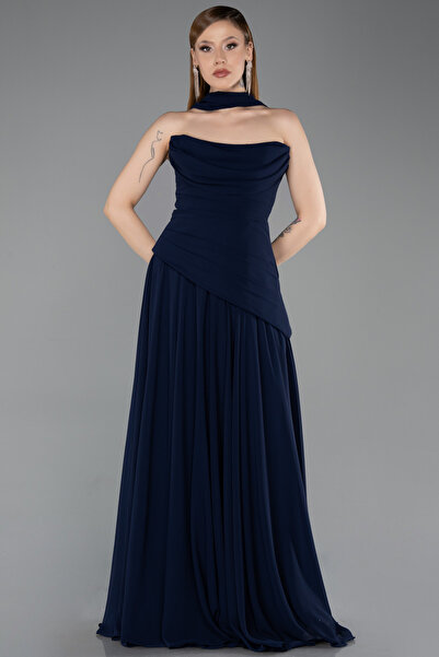 Abiyefon Lacivert Straplez Peplum Kesim Uzun Şifon Abiye Elbise ABU5763