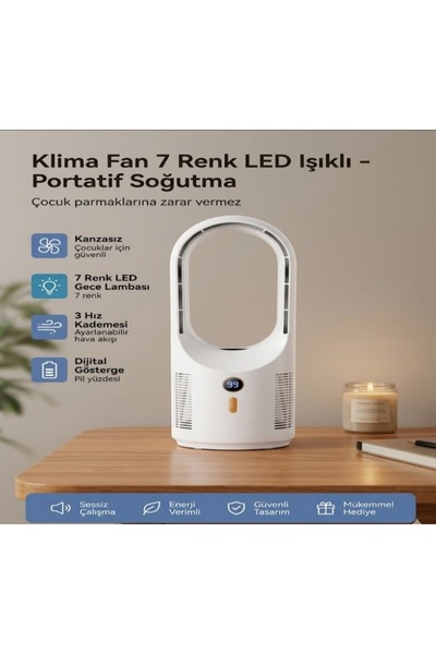 MRKAY Şarjlı Mini Klima Fan 7 Renk LED Işıklı – Portatif Soğutma