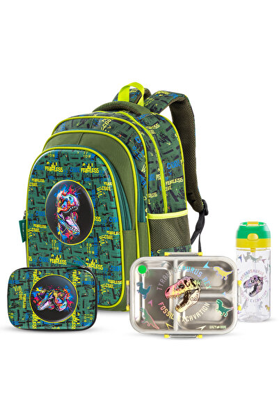 Eazy Kids Dino School Bag Set w/ Bento Lunch Box & Spray Water Bottle – Green