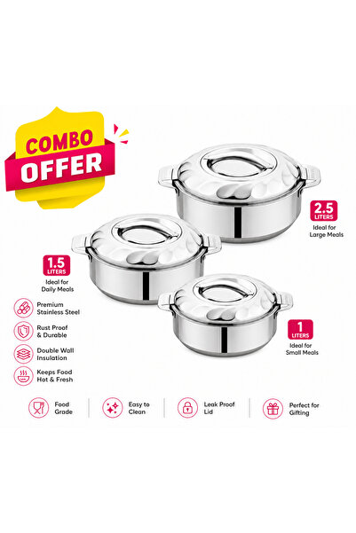 Denx 3 Piece (1L, 1.5L, 2.5L) Double Wall Stainless Steel Hot Pot Casserole S...