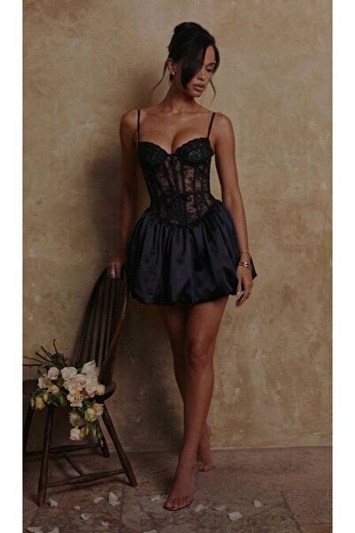 Tayt Factory Bolero Strap Corset with Chest Pad Lace Detail Satin Mini Balloo...