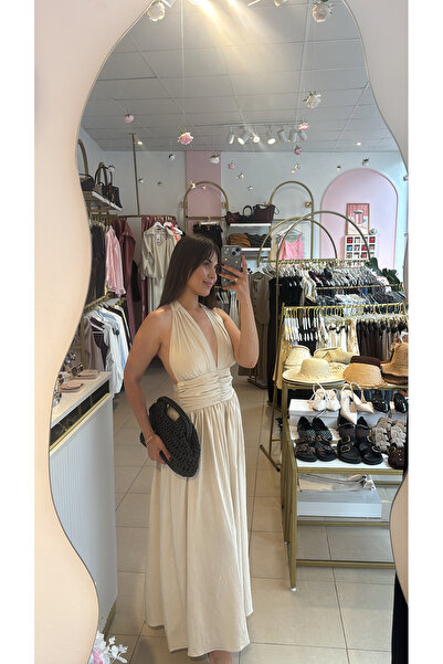 SENORE HALTER YAKA DRAPELİ ELBİSE BEJ