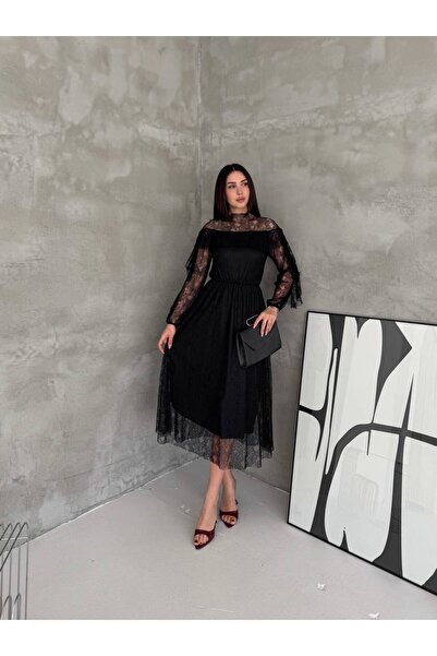 BLUSS Women's Ruffle Sleeve Detailed Transparent Lace Midi Length Evening Dress