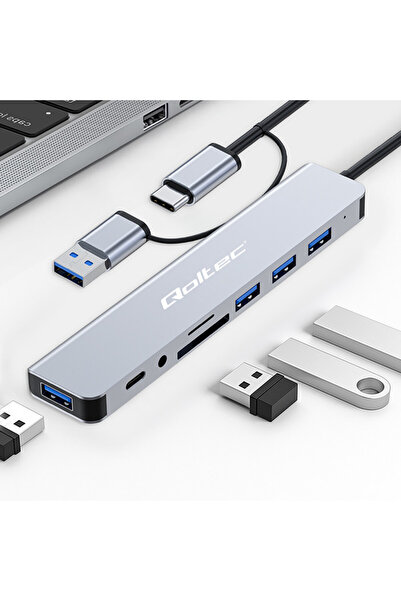 Qoltec HUB Adapter 8w1 USB-C/USB | USB-C | 4xUSB | SD/TF card | Jack 3.5mm TRRS