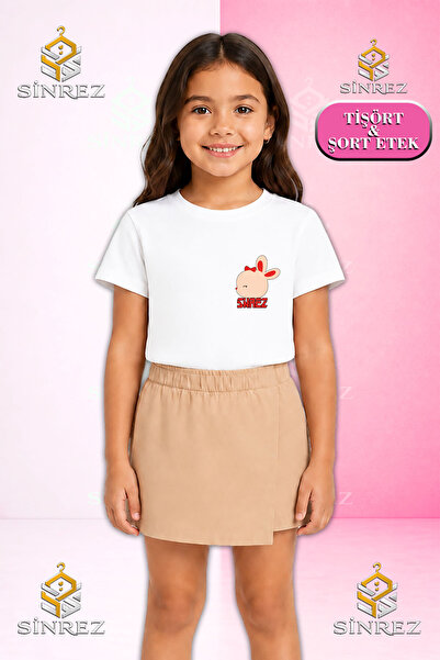 SİNREZ Girl's Set Tavsan Head Logo Ust Printed Short Sleeve T-Shirt Shorts Skirt