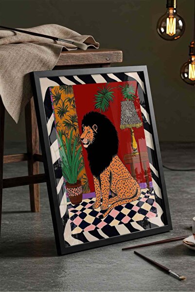 Buka Shops Maksimalist Leopar Desenli Aslan Dopamin Dekor - Siyah Çerçeveli T...