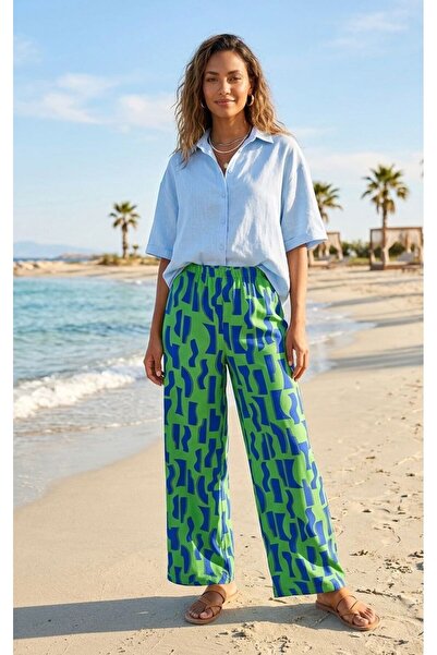 520CK Women's Abstract Patterned High Waist Wide Leg Viscose Trousers - Plazz...