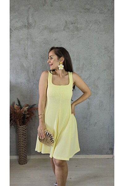 Butik OTTOMAN KUMAŞ KARE YAKA ELBİSE SARI