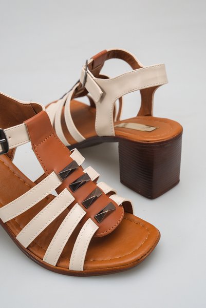 SENASTİL Double Color Metal Detailed Thick Heeled 6 cm Stylish Women's Daily Sandals Shoes