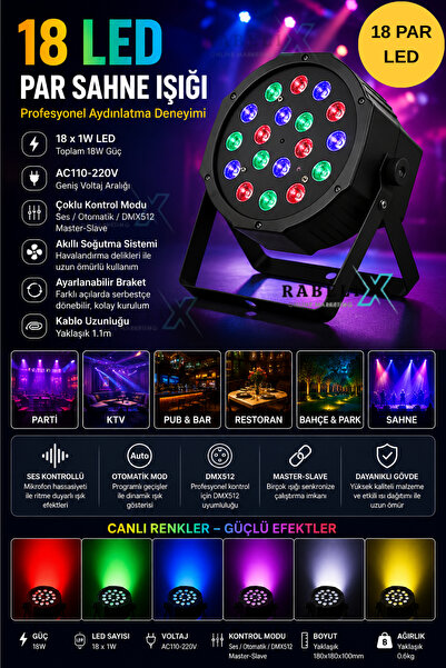 Rabelix Online Marketing 18 LED Par Sahne Işığı DMX512 Ses Kontrollü Disco Pa...