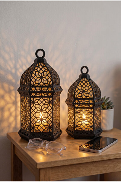 GIFT MALL Otantik Desenli Dekoratif 2’li Fener-Estetik Gece Lambası