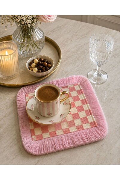 Karam Home Pembe Ekose Püsküllü Kahve Yanı Sunumluğu