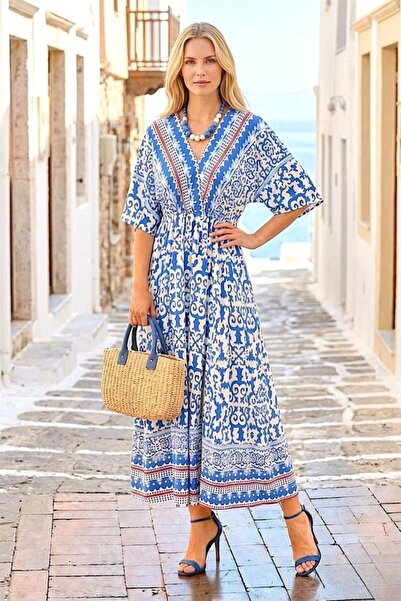 MODANI SEÇ Blue Patterned Double Breasted Dress