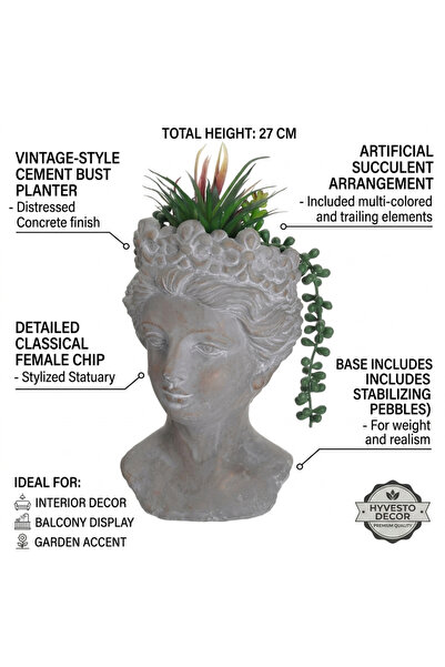 HYVESTO Ghiveci Decorativ din Ciment Bust Feminin, HYVESTO, Inaltime 27 cm, c...