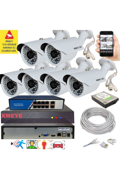 BİSES 6 lı Yapay Zeka Destekli 5 MP 1940P Görüntü POE Bağlantılı 48 Ir Led Gece Görüş IP Kamera Seti 748POE