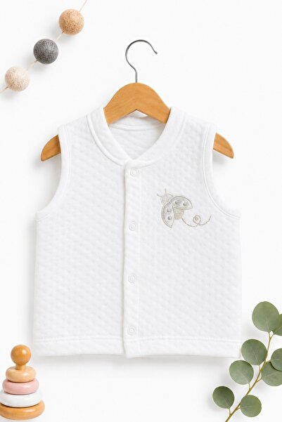 Pure Boutique White quilted cotton baby vest with Cotton embroidery and snap ...