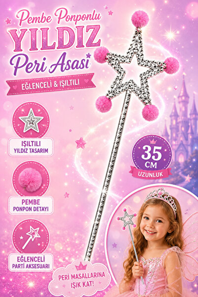 Tamsena Store Pembe Ponponlu Yıldız Peri Asası 35 CM Çocuk Kostüm Parti Akses...