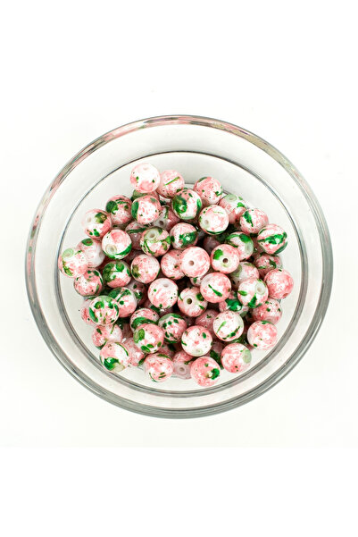 yfhobi 25 Gram- 8 mm Yeşil-Pembe Renk Ebruli Desenli Yuvarlak Cam Boncuk, 1.K...