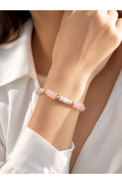 Zokak Pink Quartz Pearl Natural Stone Women's Bracelet with Gold Detail Adjustable Gift Bracelet