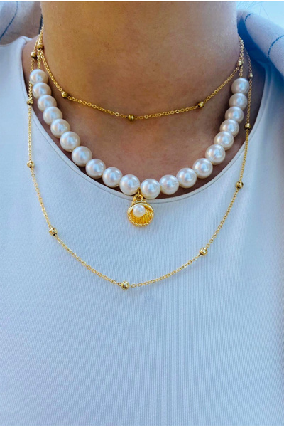 BİJUTERİ EVİ 3-Piece Women's Necklace with Pearls, Gold Color Ball Chain, Mul...