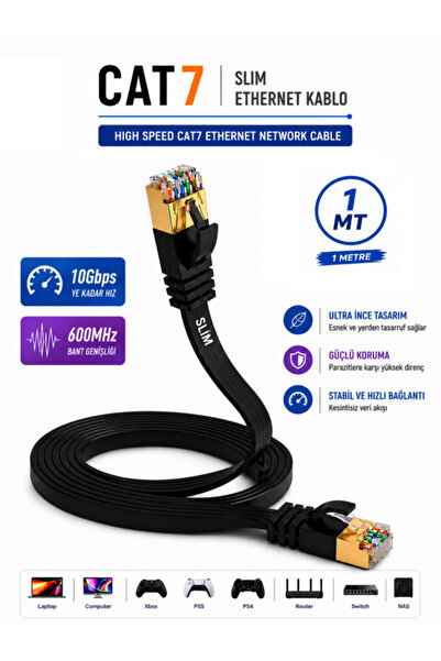 Vwin 1 Metre Flat Yassı Cat7 İnternet Kablosu 10 Gbps 600 Mhz U/Ftp Patch Lan...