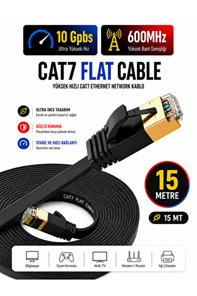 Vwin Cat7 İnternet Ethernet Ağ Kablosu Flat/Düz 600 Mhz 10 Gbps Patch Lan Cab...